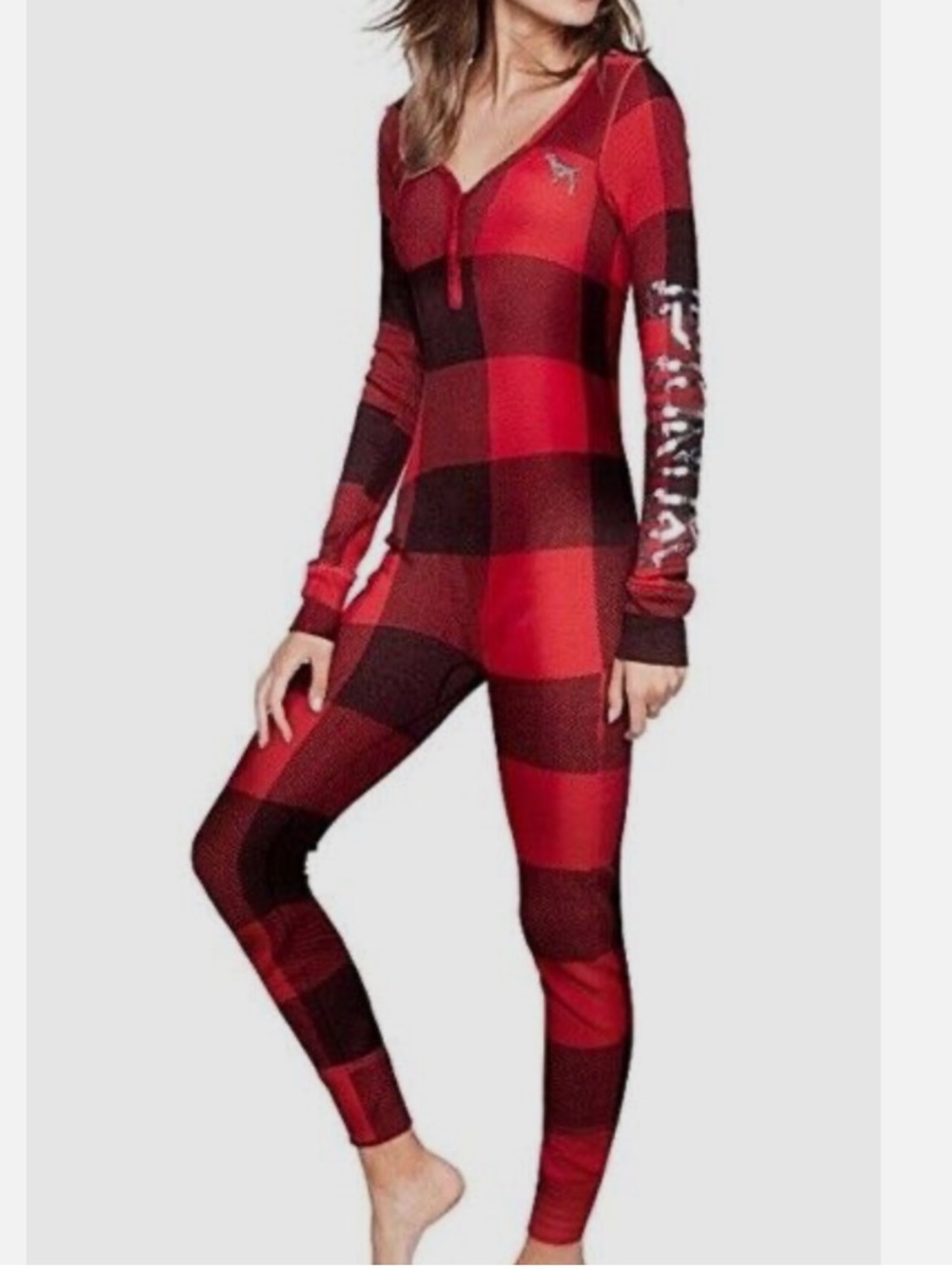 Pink Victoria’s Secret Red Plaid Sequins Onesie Pajamas Sleepwear Size Small
